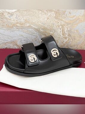 New! Gucci Double G Crystal Womens Isla Dad Calfskin Leather Sandals